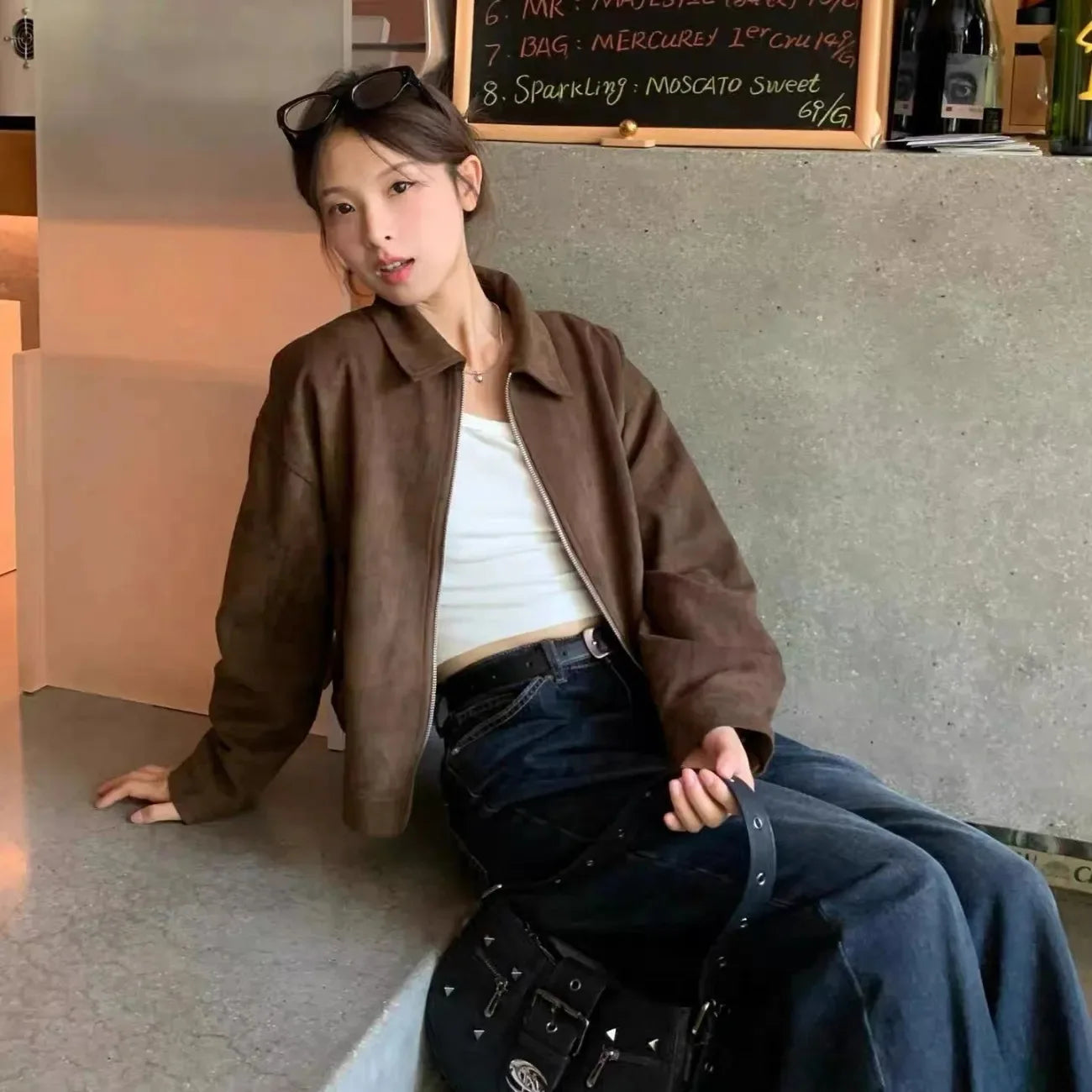 Veste courte en daim marron style américain rétro pour femmes