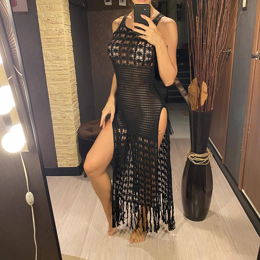 Robe de plage sexy en crochet avec franges ajourées pour femmes