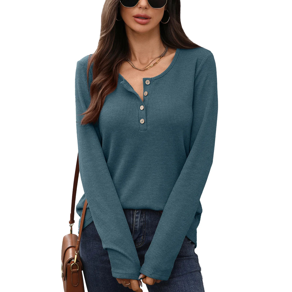 T-shirt à manches longues ample uni avec boutons pour femmes