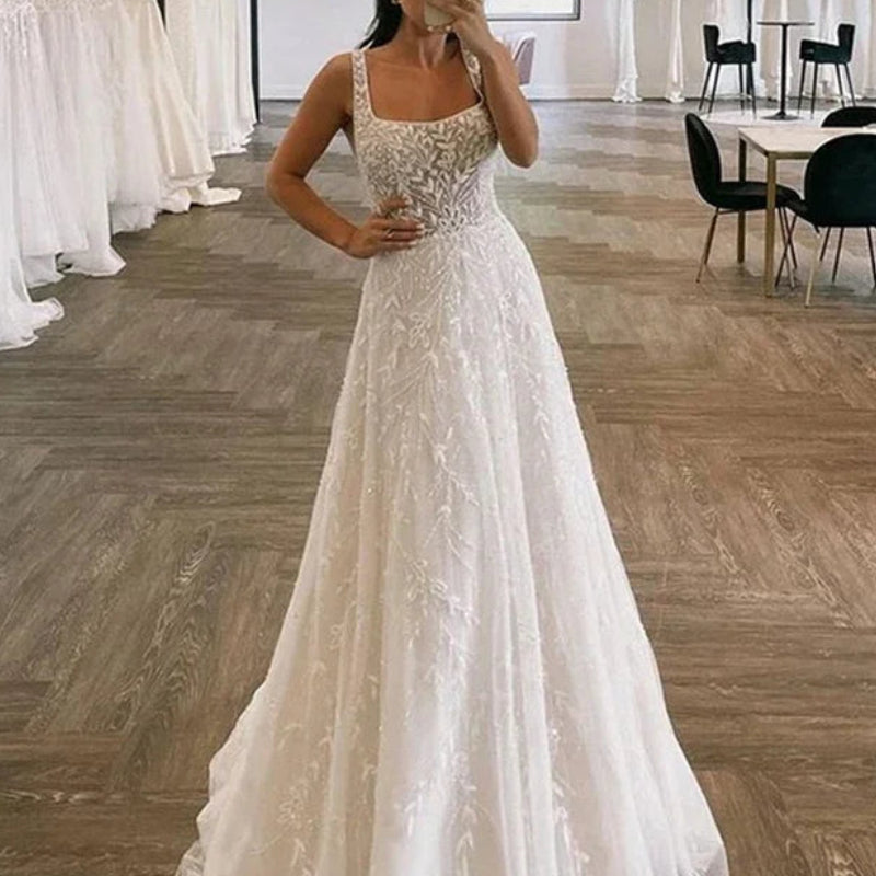 Robe de mariée trapèze en dentelle florale pour femmes