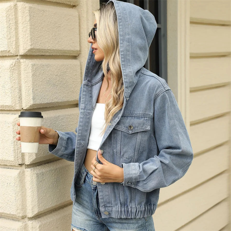 Veste en jean délavée à capuche vintage pour femmes