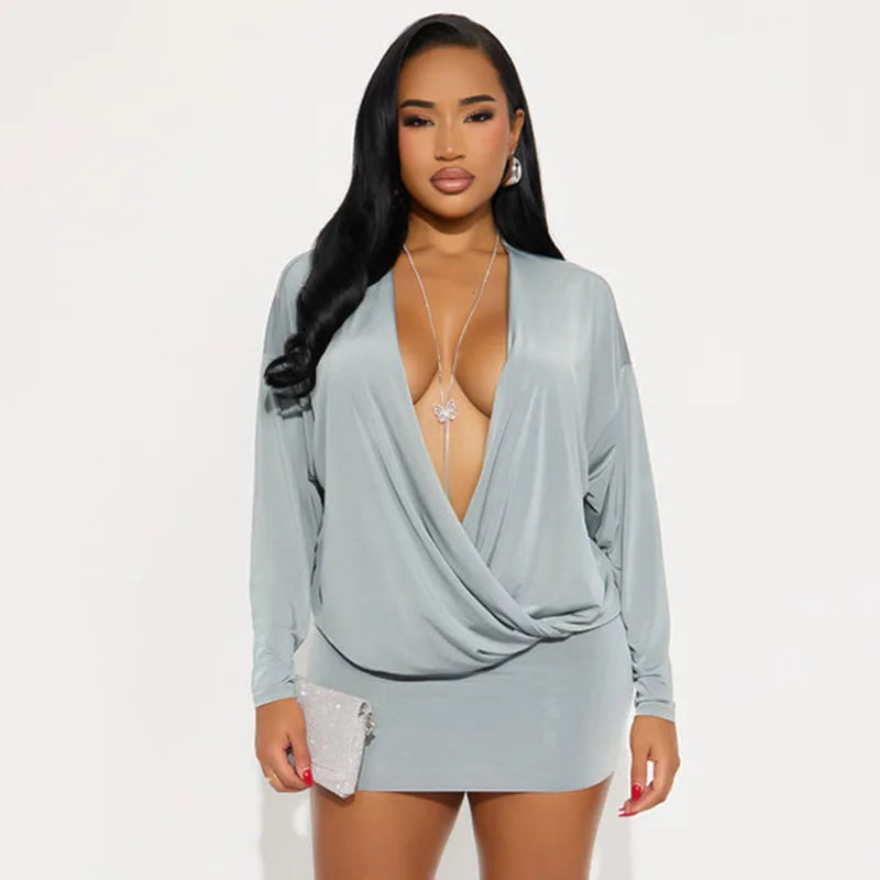 Robe moulante sexy à col en V profond et manches longues pour femmes