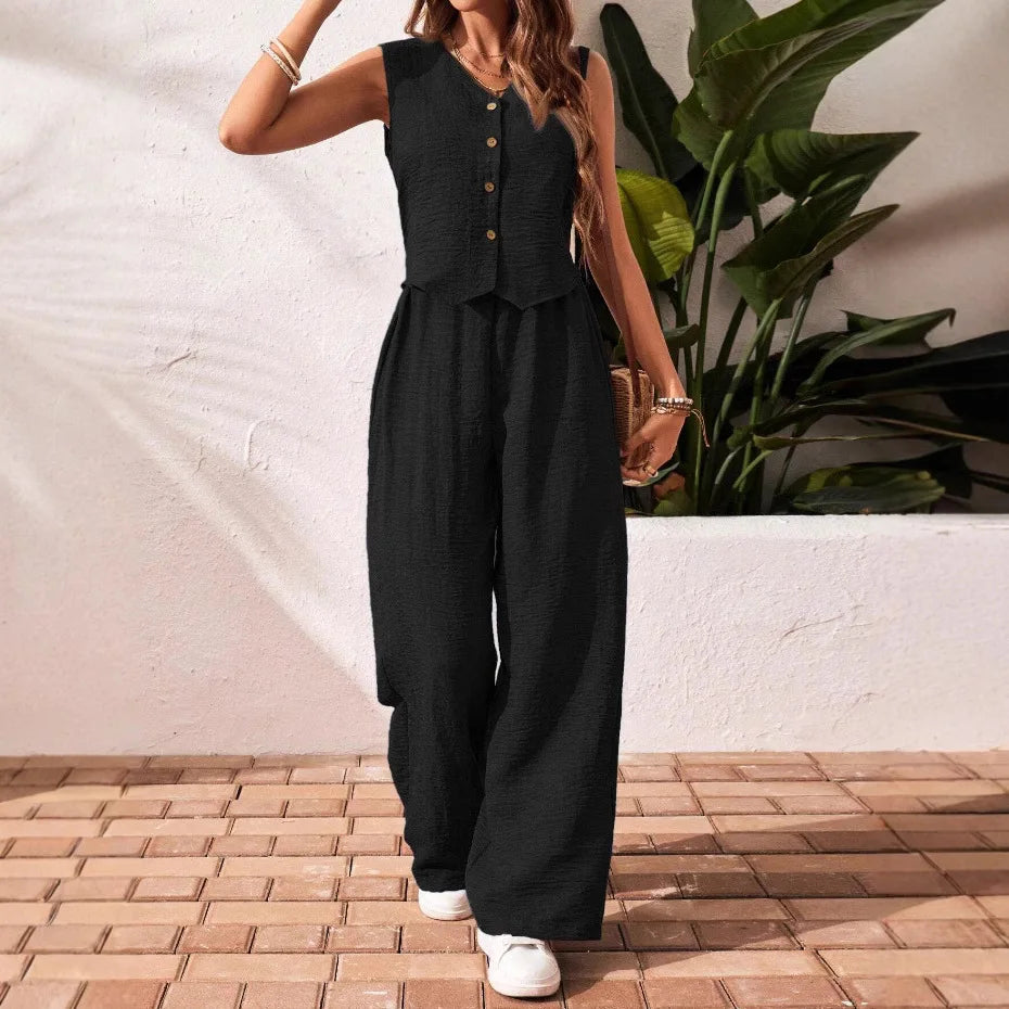 Ensemble deux pièces en coton lin gilet court haut + pantalon pour femmes