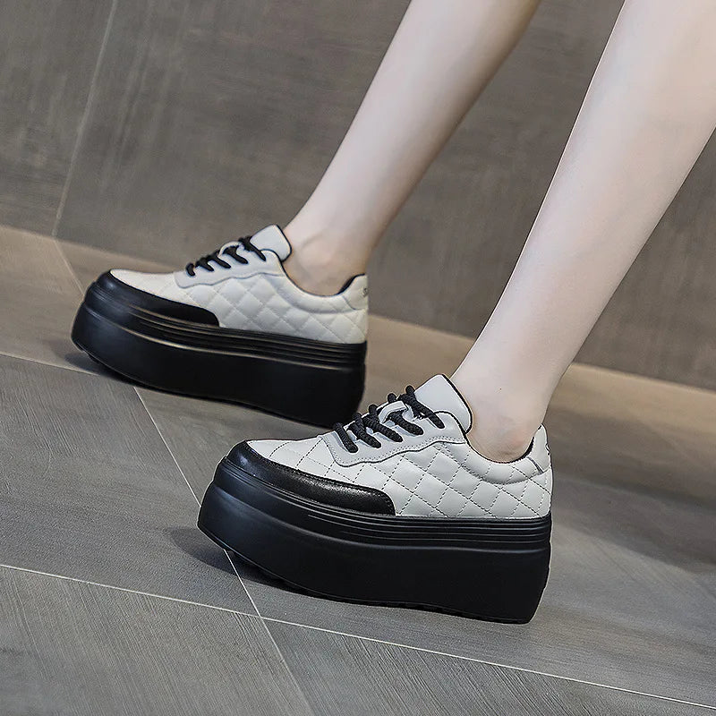 Baskets compensées en cuir véritable pour femmes