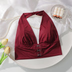 Soutien-gorge sexy rouge à boutons sur le devant sans anneau en acier pour femmes