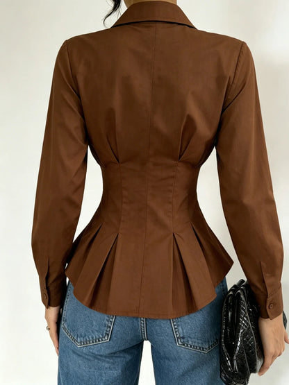 Chemise Ajustée Femme – Manches Longues et Taille Plissée