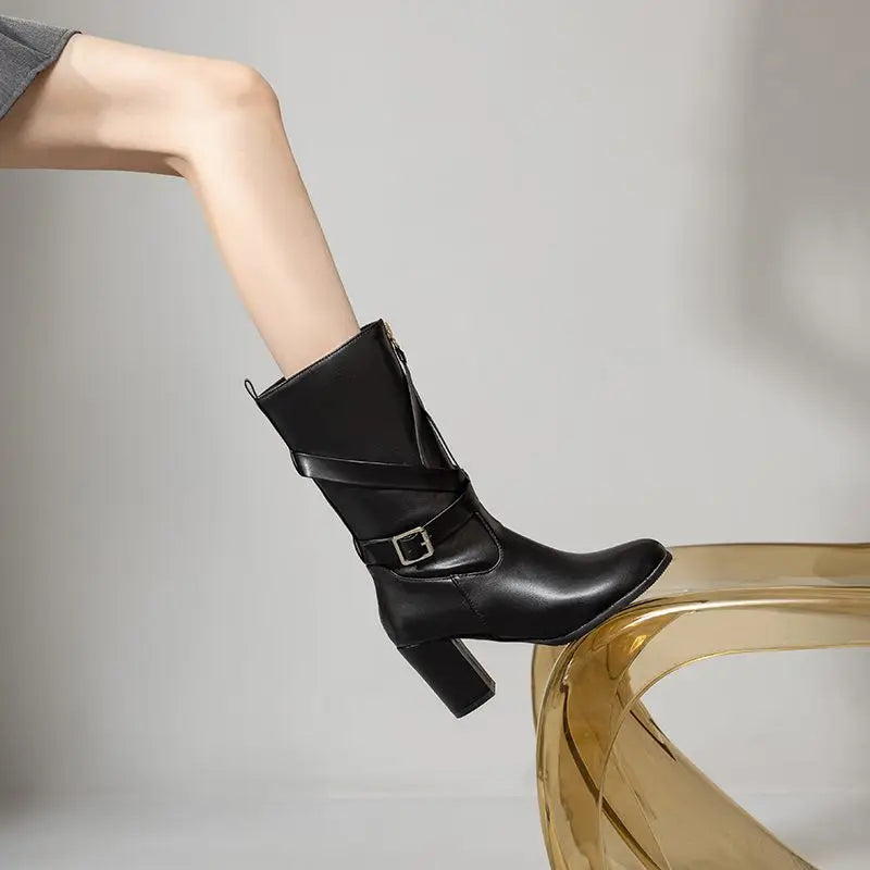 Bottes bout rond bloc talons 7.5 cm pour femmes