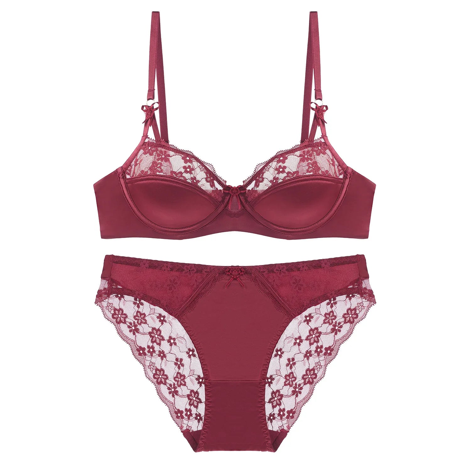 Ensemble soutien-gorge push-up en dentelle brodée de fleurs et culotte pour femmes