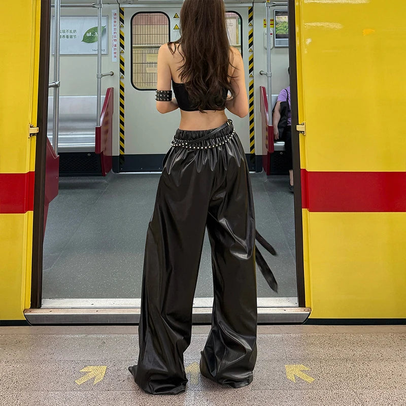 Pantalon large femme en simili cuir PU à taille élastique