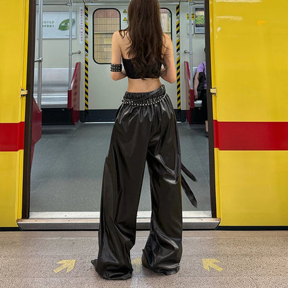 Pantalon large femme en simili cuir PU à taille élastique