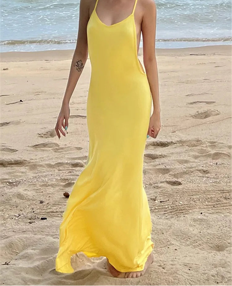 Robe sirène femme jaune à dos nu