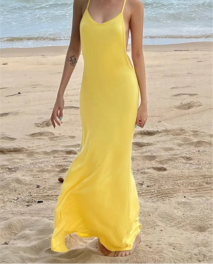 Robe sirène femme jaune à dos nu