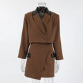 Ensemble 2 pièces rétro Blazer court en patchwork à col en cuir + Mini-jupe portefeuille pour femmes