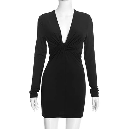 Robe Moulante Marron à Nœud et Col V Profond