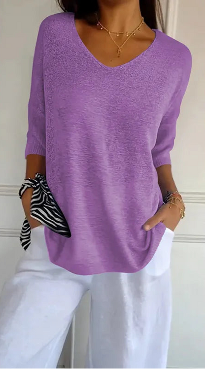 Chemise Décontractée Femme – Col V et Manches 3/4