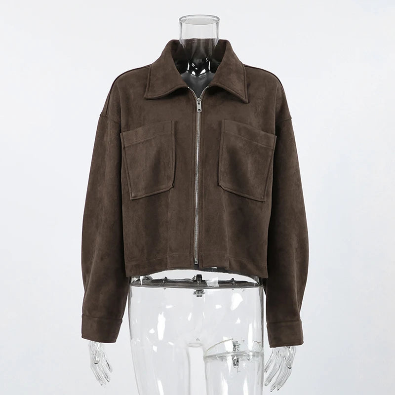 Veste courte en daim et fermeture éclair pour femmes