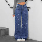 Pantalon droit en jean à perles pour femmes
