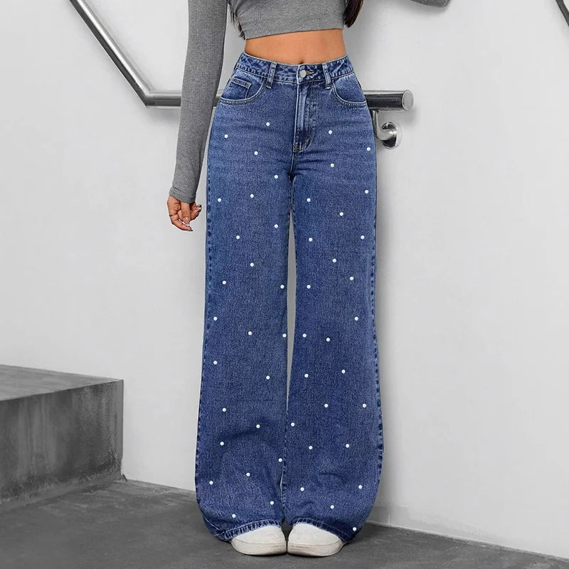 Pantalon droit en jean à perles pour femmes