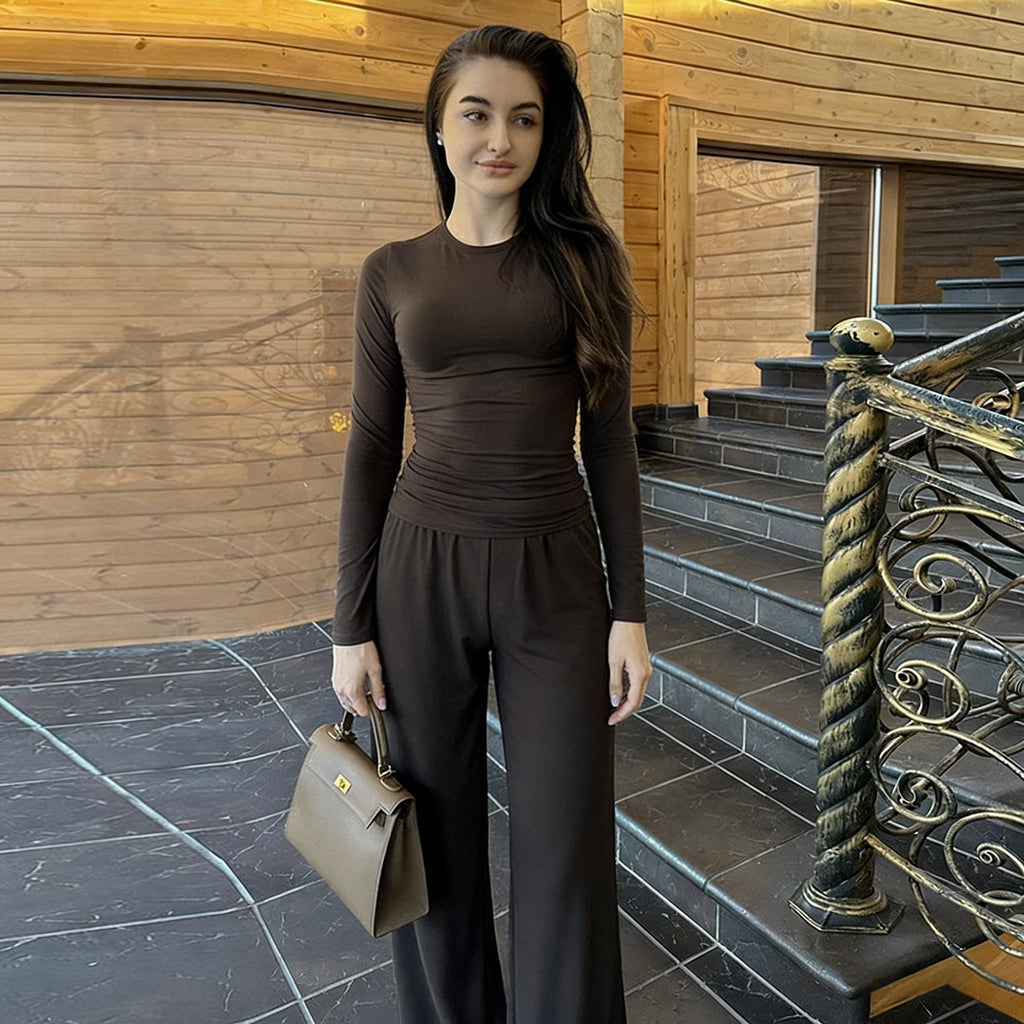 Ensemble pantalon plissé décontracté et haut à manches longues et col rond pour femmes