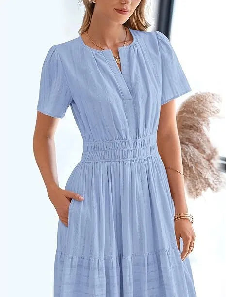 Robe longue plissée élégante style français à col en V pour femmes