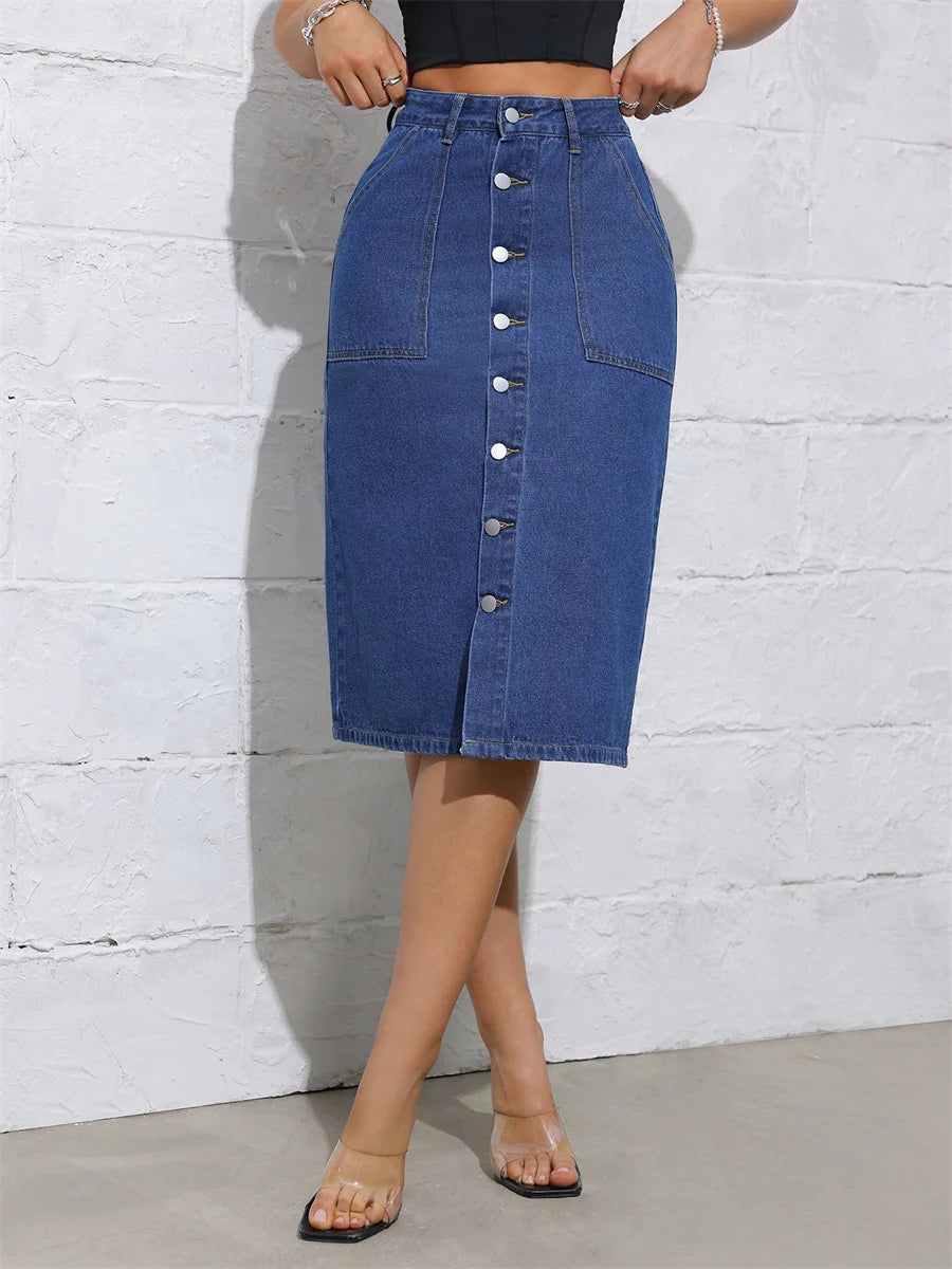 Jupe en jean vintage à simple boutonnage pour femmes