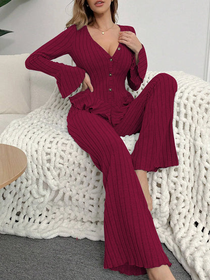 Pyjama Deux Pièces Femme – Col V et Pantalon Long