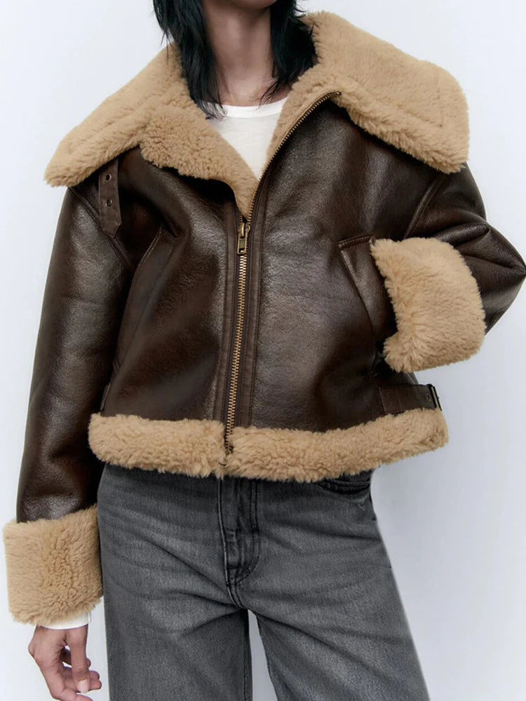 Veste chaude en fausse fourrure de cuir pour femmes
