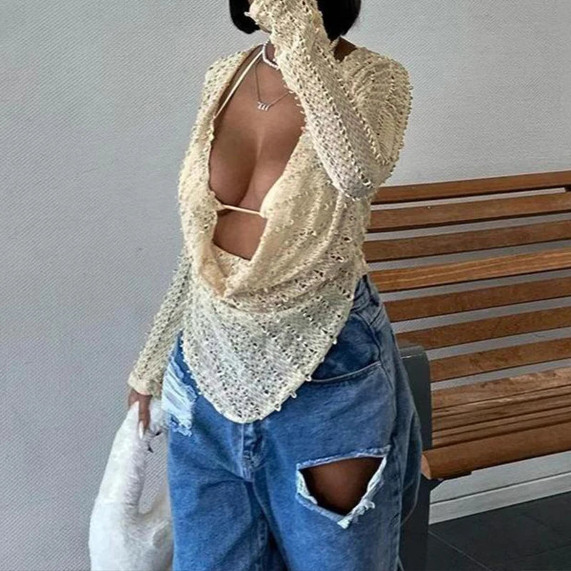 T-shirt femme asymétrique ajouré à manches longues
