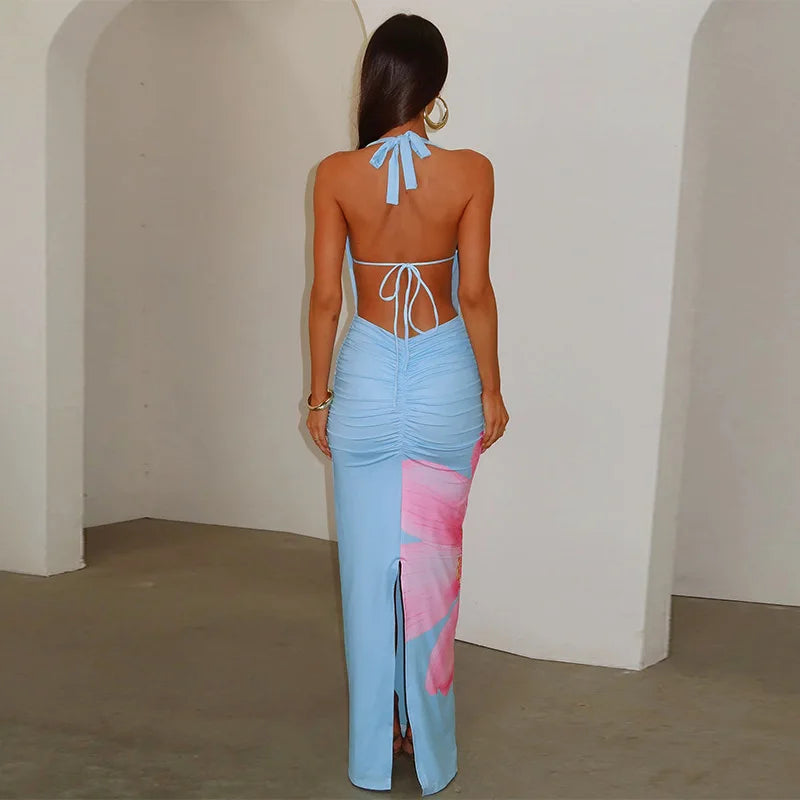Robe maxi dos nu imprimée à lacets pour femmes