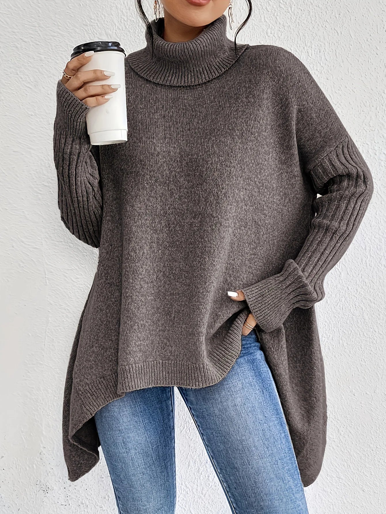 Pull en maille ample à col roulé bleu marine pour femmes
