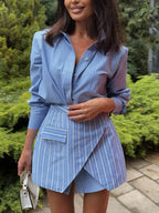 Ensemble deux pièces jupe rayée et chemise à manches longues pour femmes