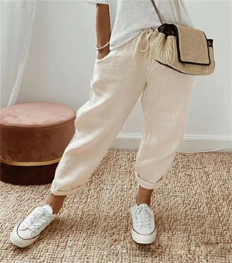 Pantalon court en coton et lin pour femmes
