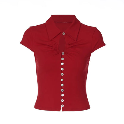 T-shirt Ajusté Femme – Plis et Col Rabattu