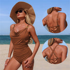 Maillot de bain une pièce couleur unie, col drapé pour femmes