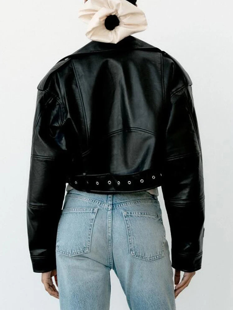 Veste faux cuir Pu courte avec ceinture pour femmes