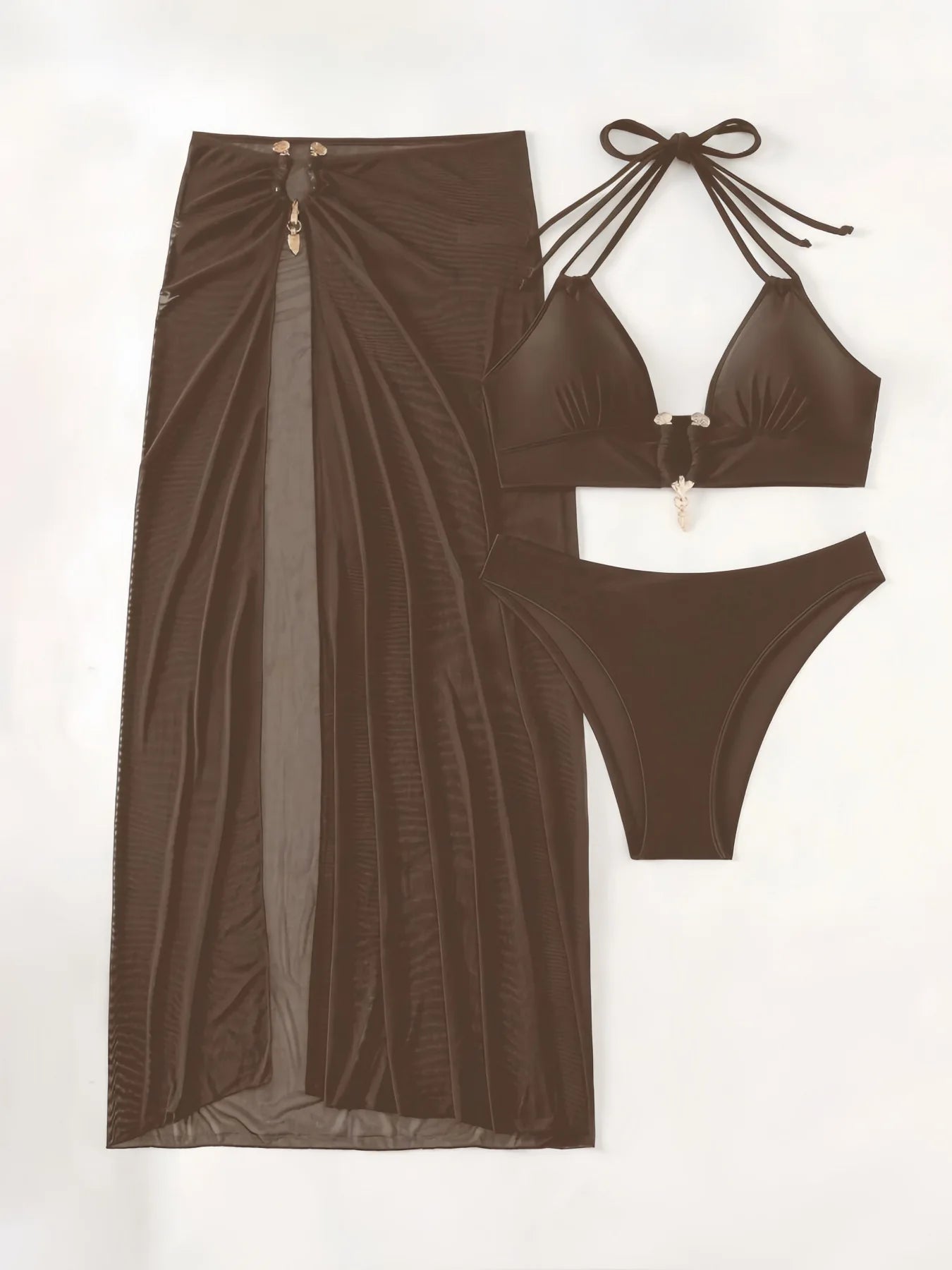 Maillot de bain bikini trois pièces avec bretelles à nouer autour du cou pour femmes