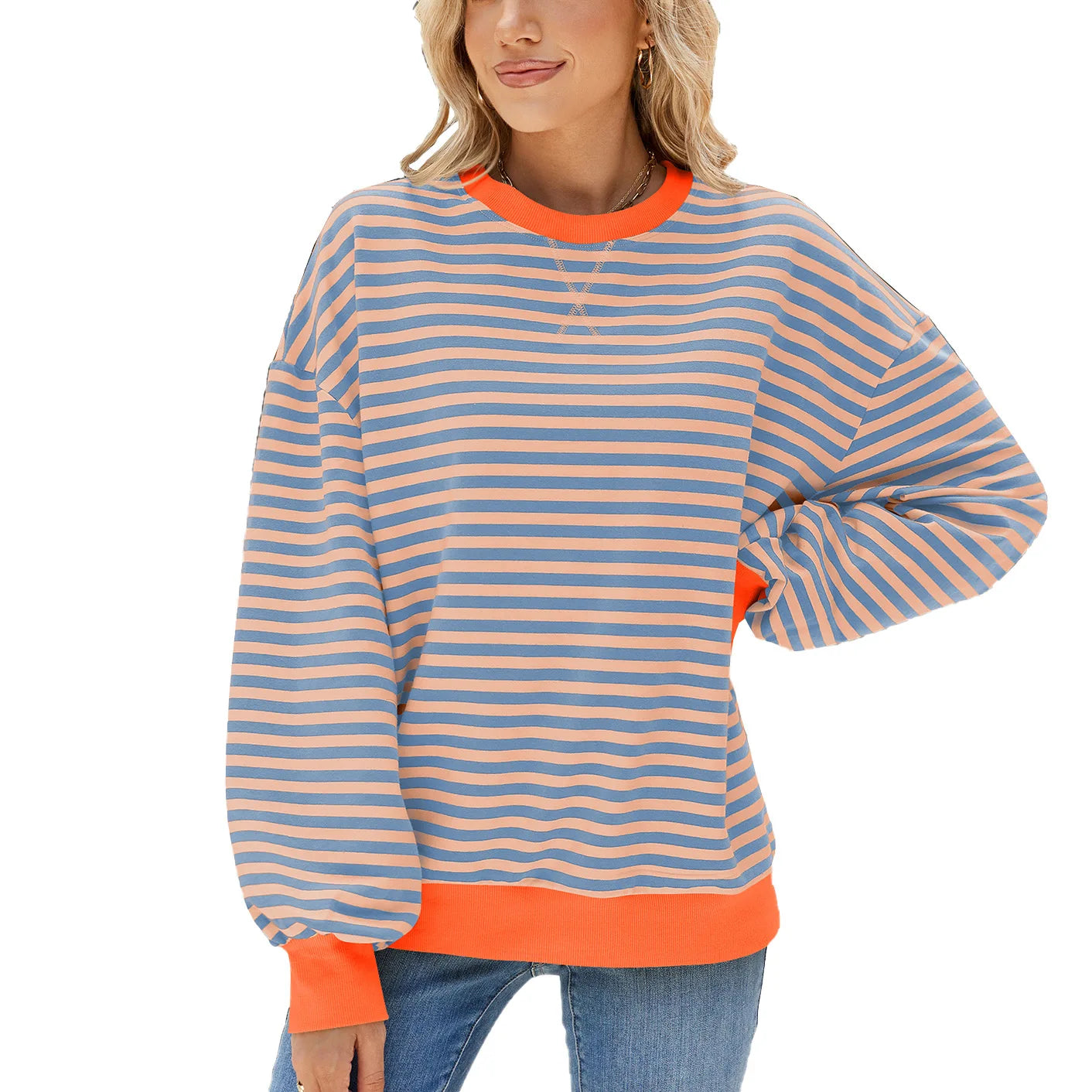 T-shirt à manches longue décontracté ample rayé pour femmes