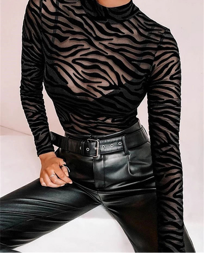 Body femme transparent en maille léopard noir à col montant