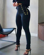 Pantalon slim sans ceinture décontracté taille haute femmes