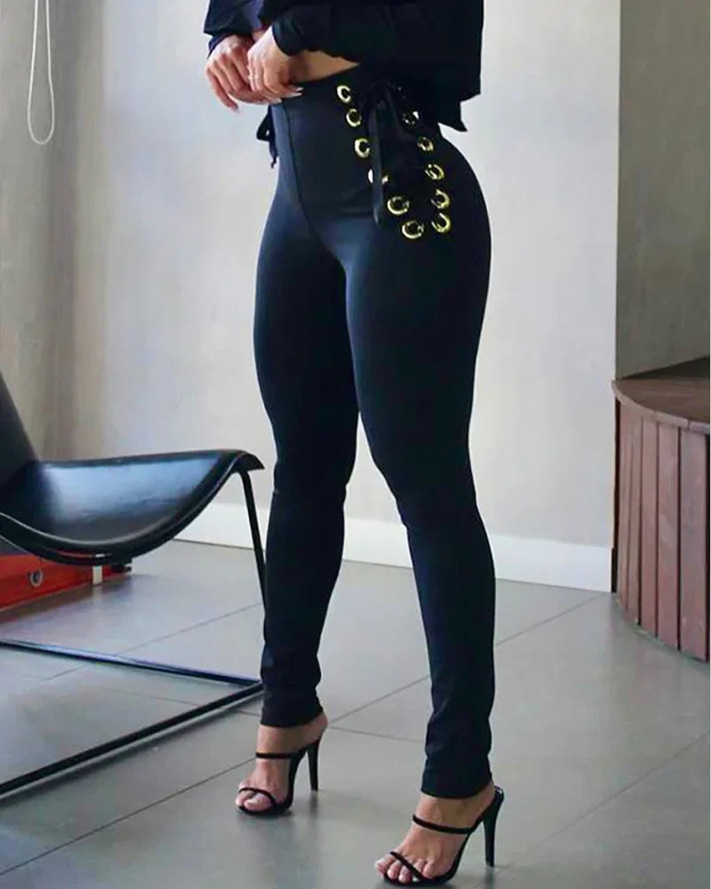 Pantalon slim sans ceinture décontracté taille haute femmes