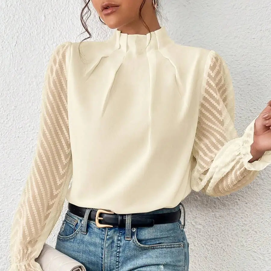 Chemise en dentelle plissée et manches longues pour femmes