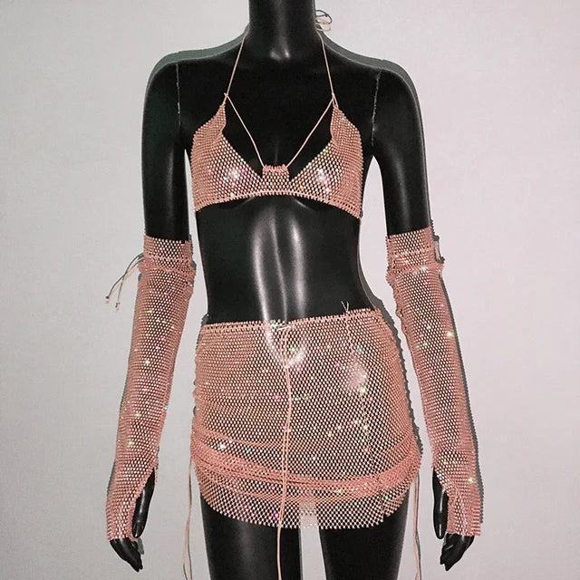 Ensemble 3 pièces haut court dos nu transparent à strass et paillettes pour femmes
