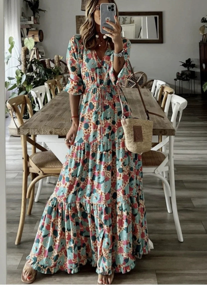 Robe longue bohème à imprimé floral et col en V pour femmes