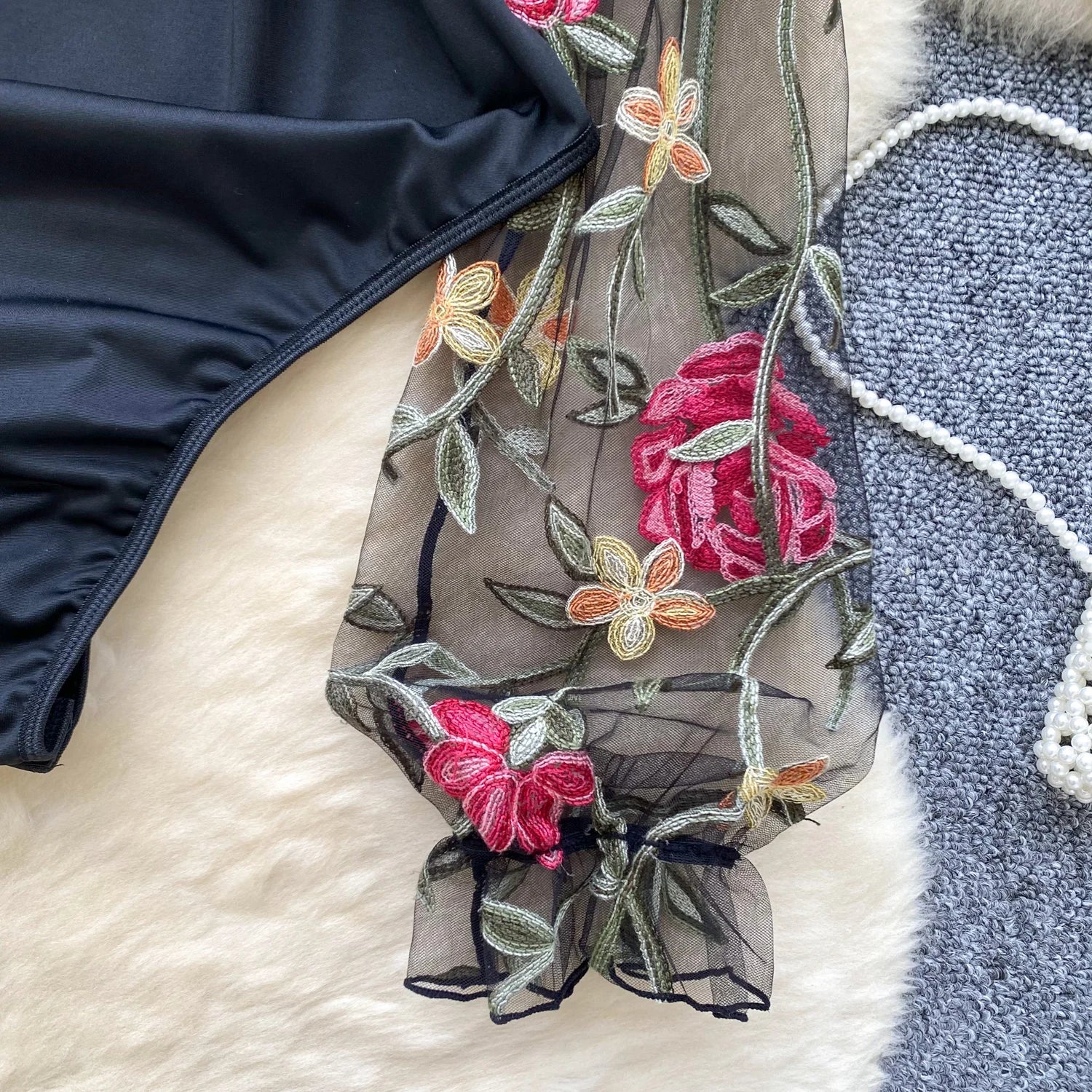 Bodys vintage broderie gaze col montant à manches longues pour femmes