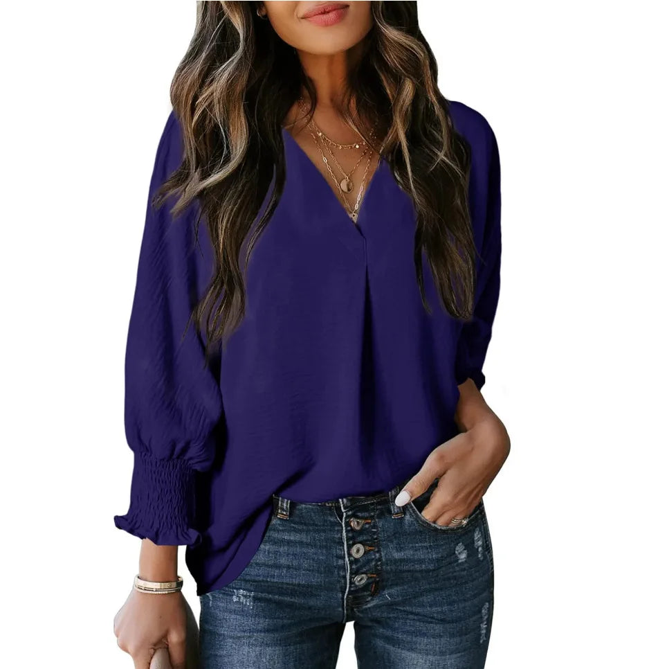 Chemise à col en V et manches longues lanterne pour femmes