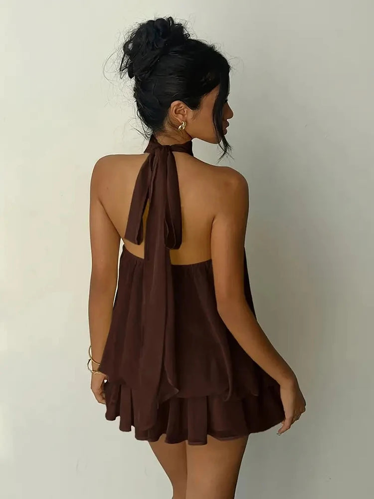 Robe Courte Femme – Mousseline, Col Licou et Dos Nu