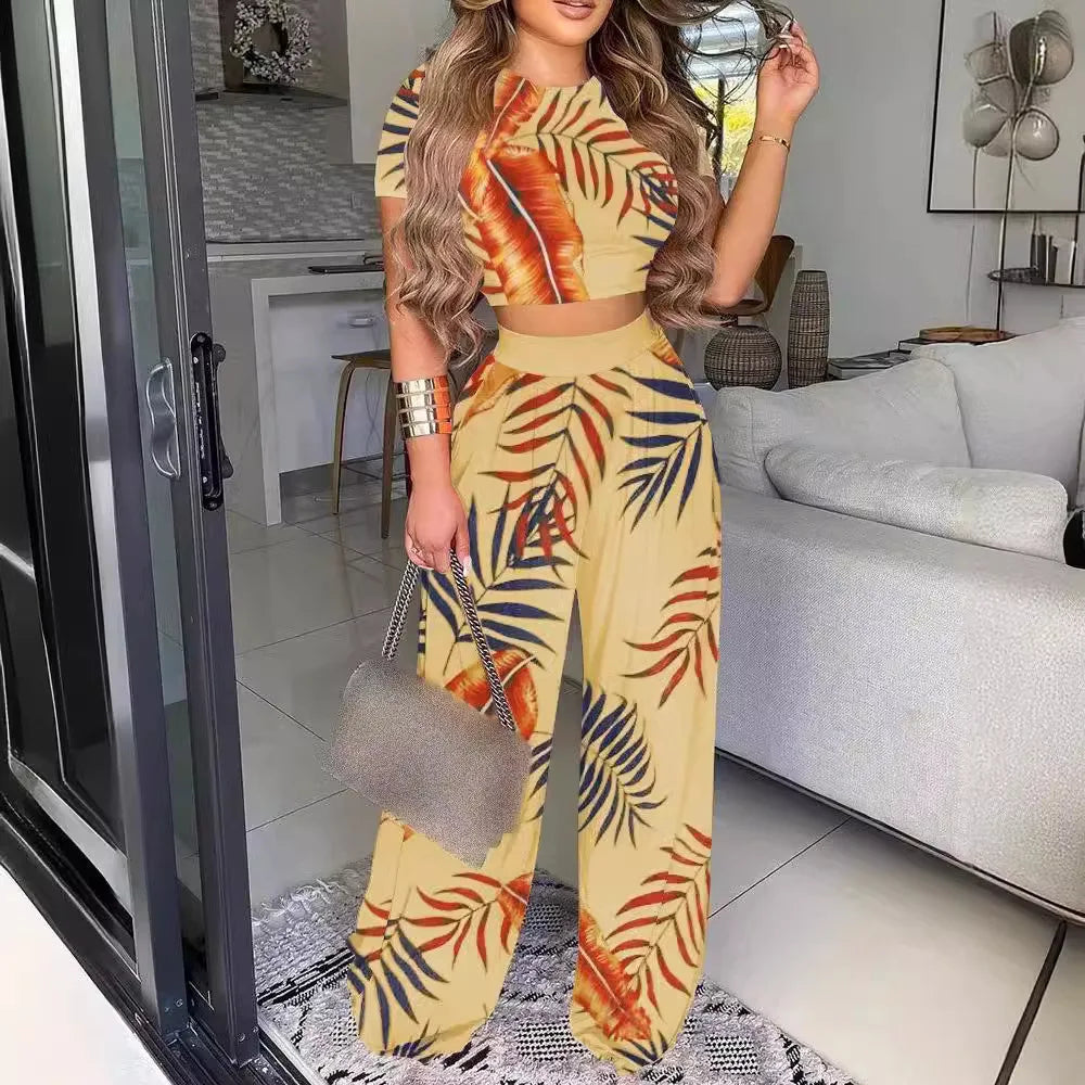 Ensemble deux pièces élégant haut à manches courtes et pantalon long imprimé pour femmes