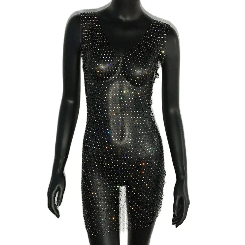 Robe de soirée en résille scintillante, strass, paillettes pour femmes