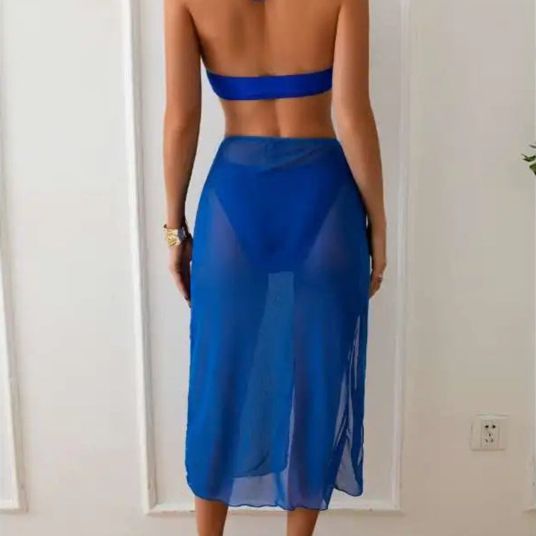 Maillot de bain bikini trois pièces avec bretelles à nouer autour du cou pour femmes