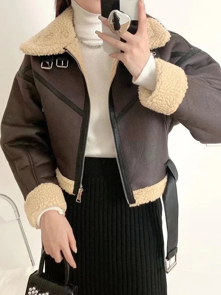 Veste Courte Motard Femme – Effet Cuir d’Agneau